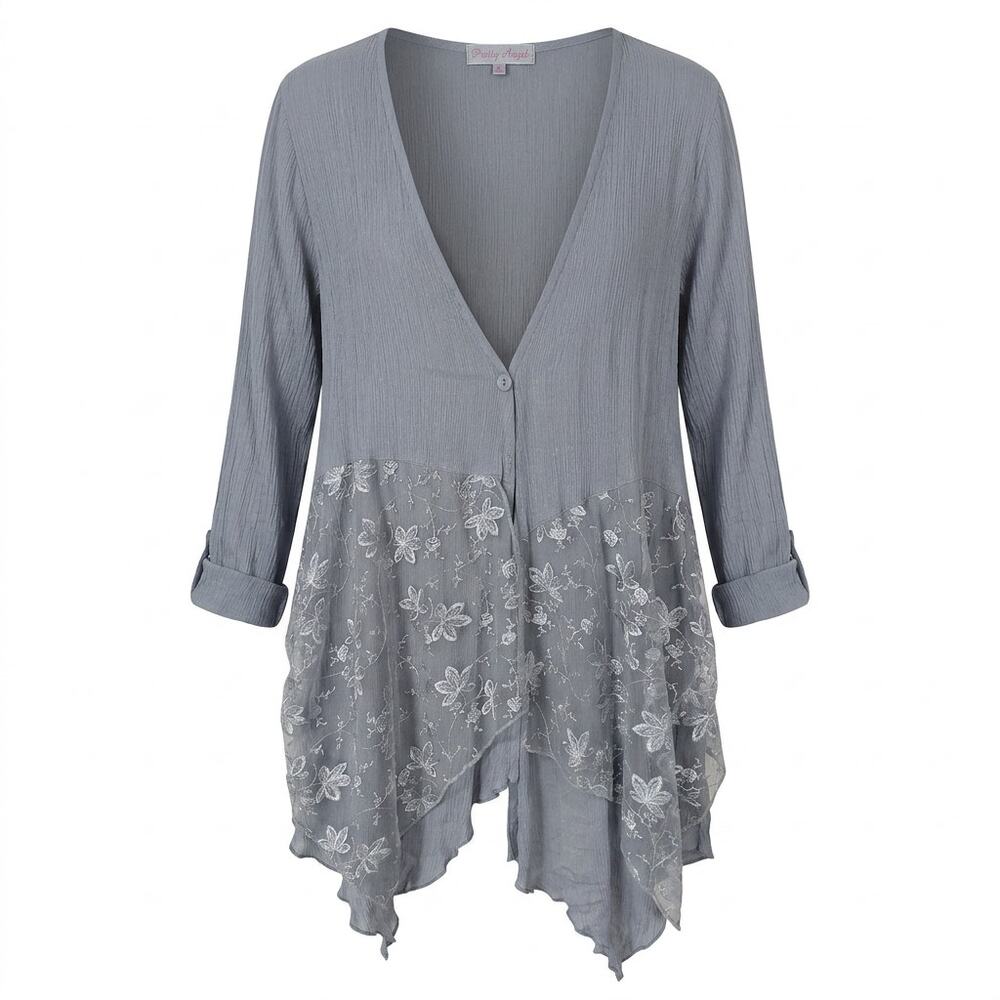 Pretty Angel Linen Blend Gray Lace Asymmetric Cardigan Women Size XL